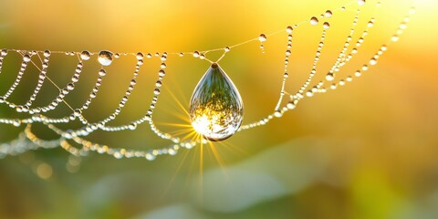 Sticker - Close-up of a dewdrop on a spider web in early morning light, with sunlight refracting in the droplet against a bokeh background