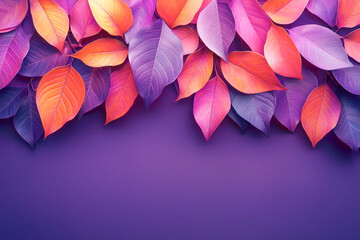 Wall Mural - Vibrant purple and orange autumn leaves arranged at the top with blank space below, perfect for seasonal designs and backgrounds.