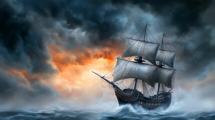 Wall Mural - Ship Sailing Through Stormy Seas at Dusk