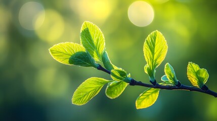 Close-up of fresh green leaves on a branch, illuminated by warm sunlight with a soft, blurred green background, capturing spring growth.