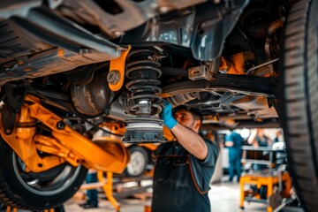 Professional Mechanic Inspecting Car's Suspension in Auto Repair Workshop