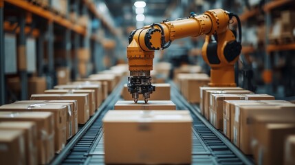 Poster - Intricate design of robotic gripper handling packages in a busy warehouse environment