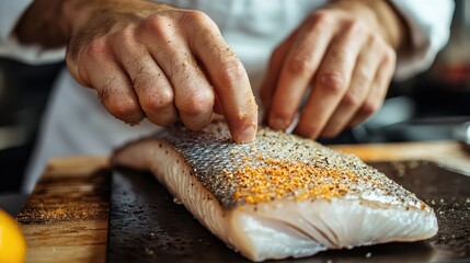 Canvas Print - Preparation of Baked Salmon with Spices on Wooden Cutting Board