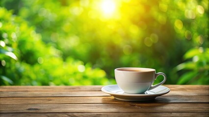 Coffee cup on a wooden table or counter bathed in green natural light blur