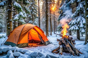 A glowing orange tent is pitched beside a blazing campfire in a snowy pine forest Sunlight filters through the trees The warmth from the fire contrasts with the cold snow enveloping the landscape.