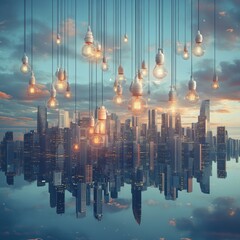 A surreal cityscape with hanging light bulbs against a twilight sky, reflecting an enchanting blend of urban life and creativity.