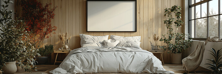 Poster - A cozy bedroom with a large bed, plants, and a blank frame.