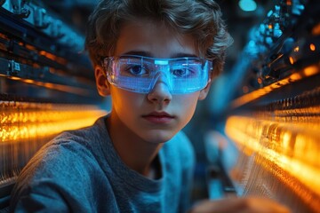 futuristic textile factory with young boy operating advanced loom holographic interfaces sleek machinery ambient blue lighting innovative manufacturing