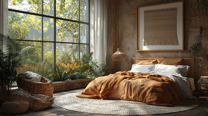 Wall Mural - A cozy bedroom with a large window and a woven headboard.