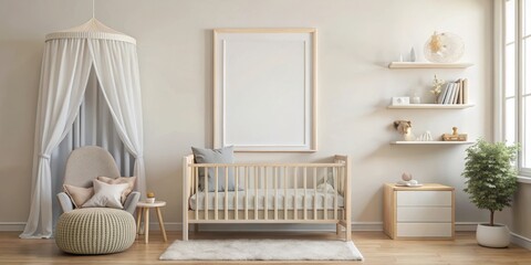 Fototapete - Close up of a mockup poster frame in a cozy nursery room with render