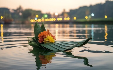 A single green leaf with a bouquet of colorful flowers floats on calm water with a blurry city skyline at sunset.