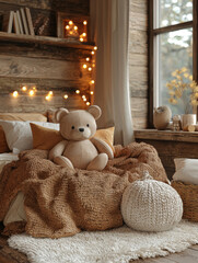 Sticker - Cozy bedroom with a teddy bear sitting on the bed.