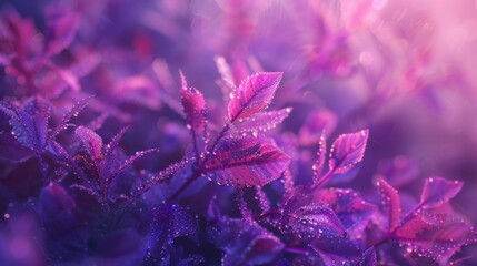 A detailed view of a leafy plant with tiny water droplets glistening on its surface