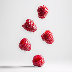 Wall Mural - Levitating raspberries create vibrant display against clean white background, showcasing their rich red color and unique texture. This image captures essence of freshness and vitality