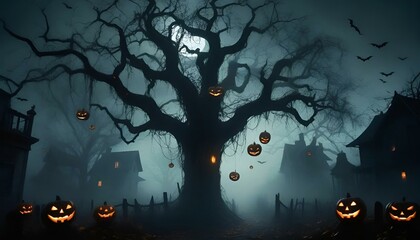 Spooky Halloween scene with a gnarled tree, glowing pumpkins, and eerie atmosphere under a moonlit sky
