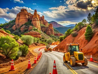 Yellow heavy machinery and orange cones line a winding mountain road amidst a backdrop of rustic red rock