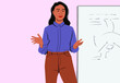 © Connect Images - Animated young woman in a blue blouse and brown trousers standing next to a whiteboard with drawings.