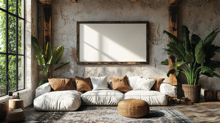 Wall Mural - A cozy living room with a large, blank canvas above the couch, perfect for a statement piece.