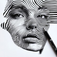 Canvas Print - A black and white line drawing of a woman's face with a pen resting beside it.