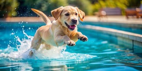 Adorable golden labrador retriever puppy swims and plays in outdoor pool, jumping and diving with joyful abandon, capturing summer fun and innocence.