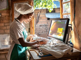 african healthcare worker examining a baby's vital signs.