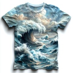 Sticker - A blue and white t-shirt with a printed image of a large wave crashing in the ocean.