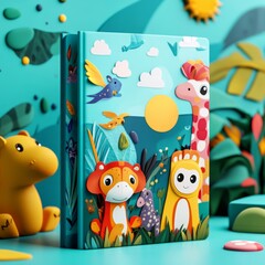 Canvas Print - A blue notebook with a colorful jungle scene featuring a giraffe, a monkey, and a lion.