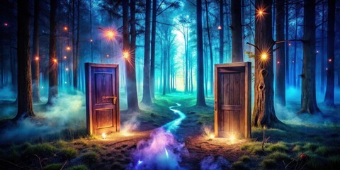 Aufkleber - Mystical night view of abstract dark forest with open wooden doors, illuminated by neon lights and swirling smoke