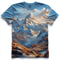 Poster - A blue t-shirt with a mountain landscape print.