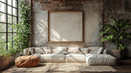 Wall Mural - Spacious living room with a large, blank canvas hanging on the wall