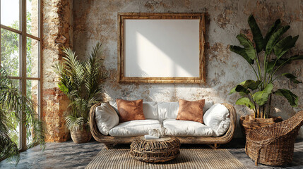 Wall Mural - Boho chic living room with a large, blank canvas for your design.