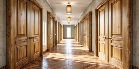 Aufkleber - A serene light-filled corridor lined with rustic wooden doors