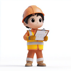 a 3D Asian cartoon-style safety officer engineer in various professional working poses on a construction site. The character wears a high-visibility safety vest, helmet, and gloves.