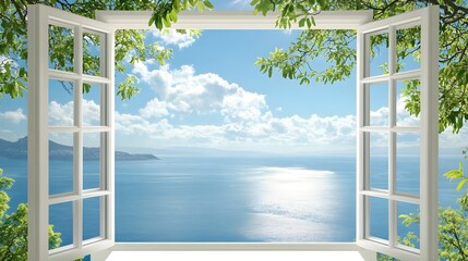 Aufkleber - A white open window reveals a peaceful ocean view, clear skies, and lush green trees, offering serenity and tranquility.