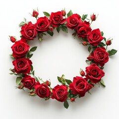 A circular wreath of red roses with green leaves and buds against a white background.