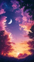 Wall Mural - Magical Sunset with Crescent Moon and Stars.