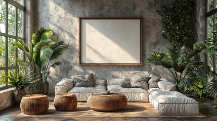 Poster - A cozy living room with a large, blank framed canvas, a white modular sofa, and lush greenery.