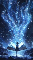 Wall Mural - Young Woman Standing Between Pages of a Giant Book in a Mystical World.