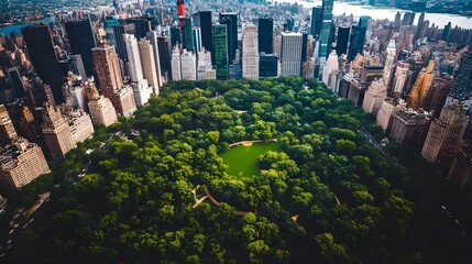 Aerial view of Central Park surrounded by skyscrapers, showcasing the vibrant greenery amidst the urban landscape.