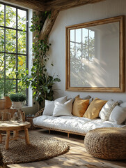 Canvas Print - Cozy living room with a white sofa and wicker furniture.