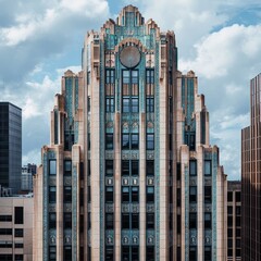 A close-up of an Art Deco building with decorative details and a clock on the top.