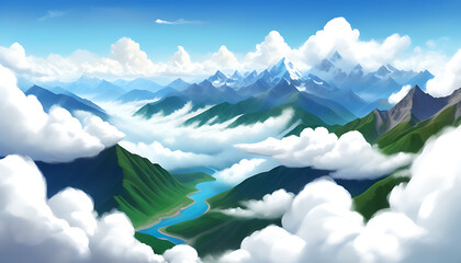 Sticker - Aerial view of mountains with cloudy sky