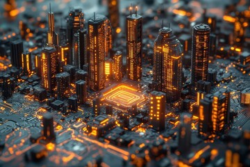 Wall Mural - microscopic metropolis futuristic cityscape emerges from intricate circuit board landscape glowing energy pathways and holographic structures blend technology with urban design