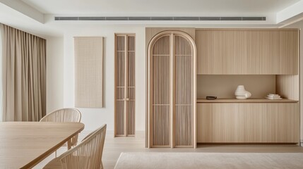 A serene dining area showcases a wooden table and chairs alongside a wall hanging, emphasizing minimalist Chinese design illuminated by bright natural light