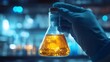 © AdorStudios - chemical laboratory scene with a scientist holding a flask, highlighting the research and testing process involved in studying reactions and chemical compounds