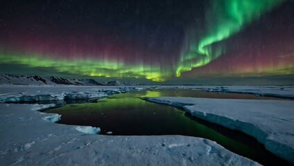 Aurora borealis over a frozen Arctic lake with vibrant colors and cold shadows.