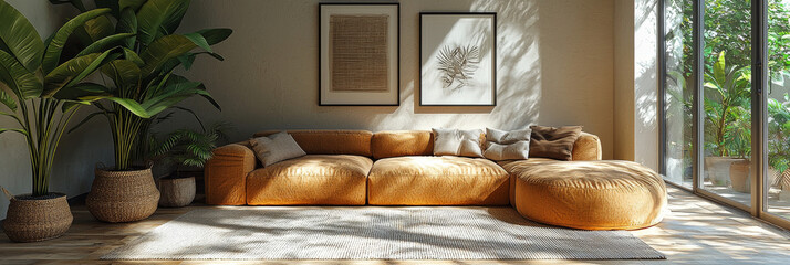 Canvas Print - A living room with a large, comfortable sectional sofa and warm, natural light.