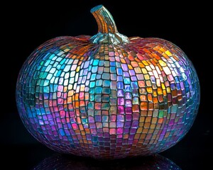 Sticker - A colorful mosaic pumpkin with iridescent tiles, isolated on a black background.