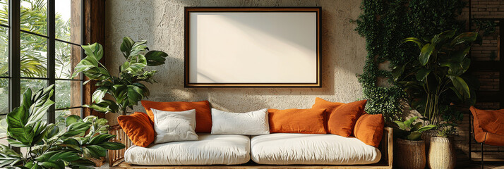 Canvas Print - A cozy living room with a white sofa, orange throw pillows, and large plants.