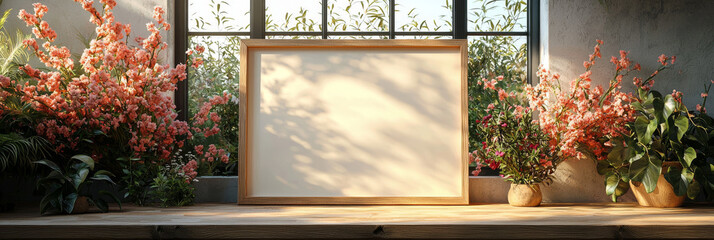 Empty frame on a wooden table with pink flowers and greenery.